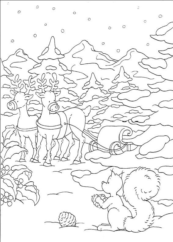 desene de colorat planse peisaj de craciun iarna